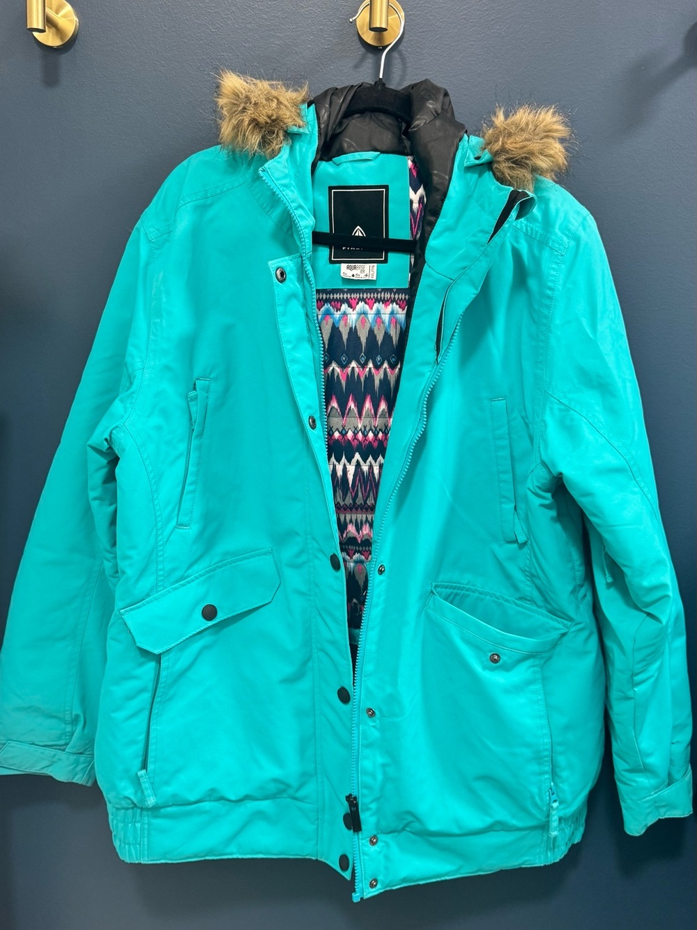 Teal Hooded Ski Jacket with Faux-Fur Trim